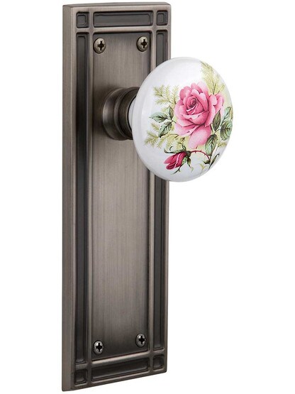 Mission Door Set with Rose Porcelain Knobs in Antique Pewter.
